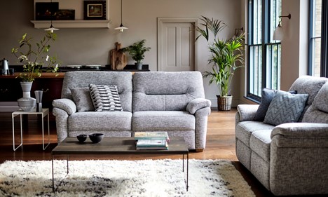 G Plan sofas in grey fabric displayed in a nicely decorated living room
