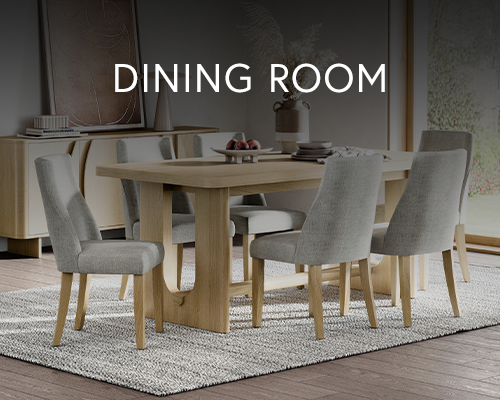 Elegant dining room with a wooden dining table and six upholstered chairs on a textured cream rug.