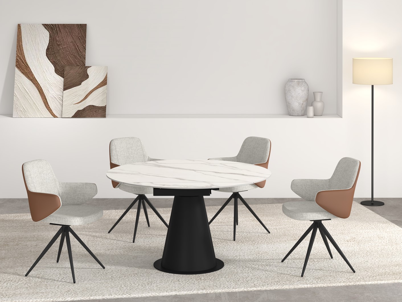 Sierra dining set invluding 4 grey sierra dining chairs with tan leather backing and white round marble dining table in bright dining room