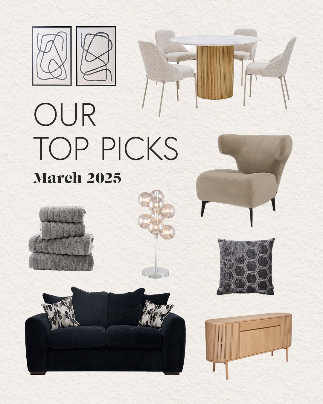 Collage Image with cut outs of furniture ranging from sofas to dining sets, including homewares