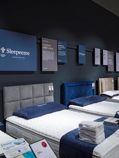 Photo of our Glasgow bed shop with different types of bed frames and mattresses formed into line with information about each brand on the wall