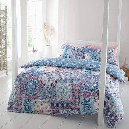 Catherine Lansfield Boho Blue & Pink Patchwork Bedding Set primary image