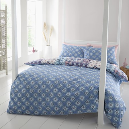 Catherine Lansfield Boho Blue & Pink Patchwork Bedding Set image