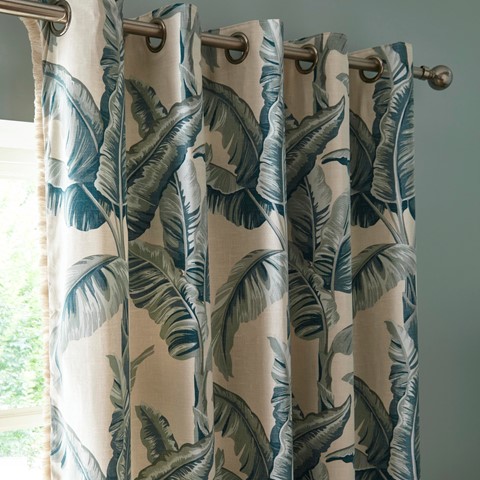 Fushion Cadiz Palm Printed Fringe Curtain - Teal