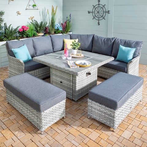 Heritage Rattan Garden Corner Dining Set with Gas Fire Pit
