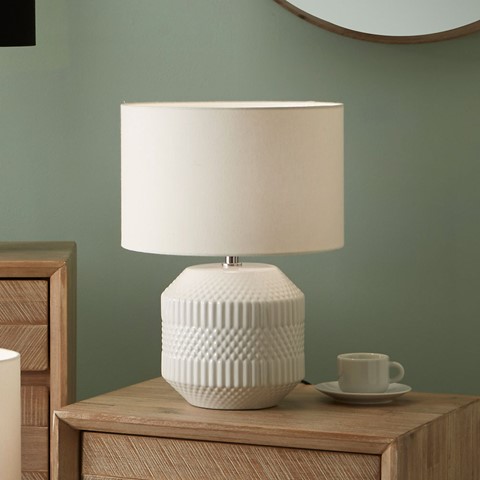 White Embossed Geo Ceramic Table Lamp