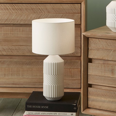 White Embossed Geo Tall Ceramic Table Lamp