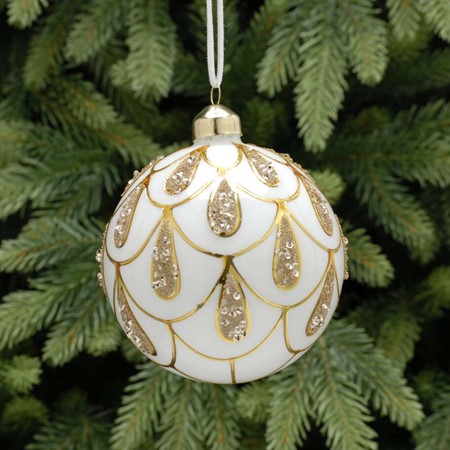 Frosted White With Gold Scallop Glass Bauble primary image