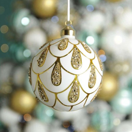 Frosted White With Gold Scallop Glass Bauble image