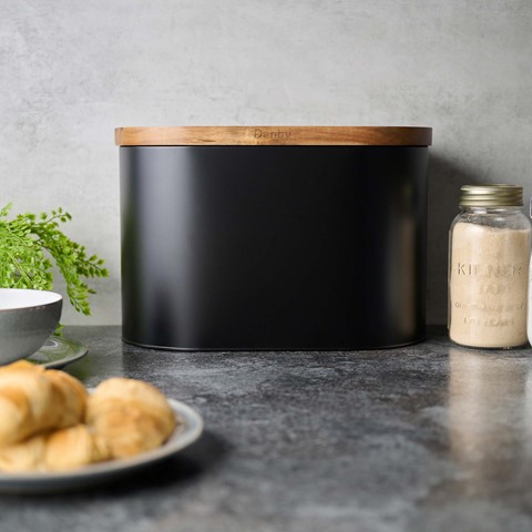 Denby Black Bread Bin With Acacia Lid
