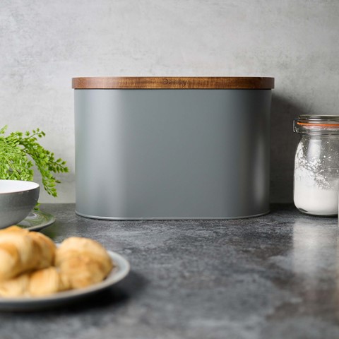Denby Grey Bread Bin With Acacia Lid
