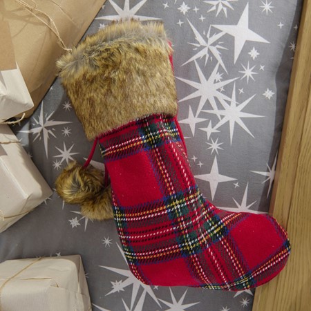 Red Tartan Stocking with Brown Fur Cuff primary image