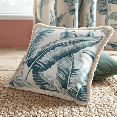 Fushion Cadiz Palm Printed Fringe Cushion - Teal image