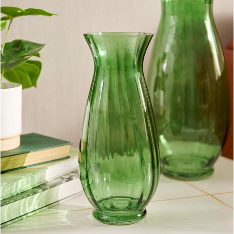 Ridges Medium Green Glass Vase