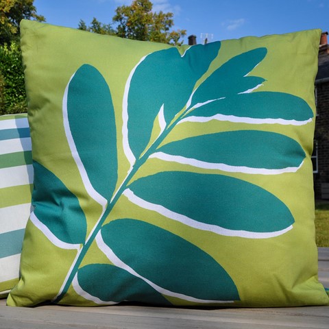 Leaf Print Green Outdoor Filled Cushion