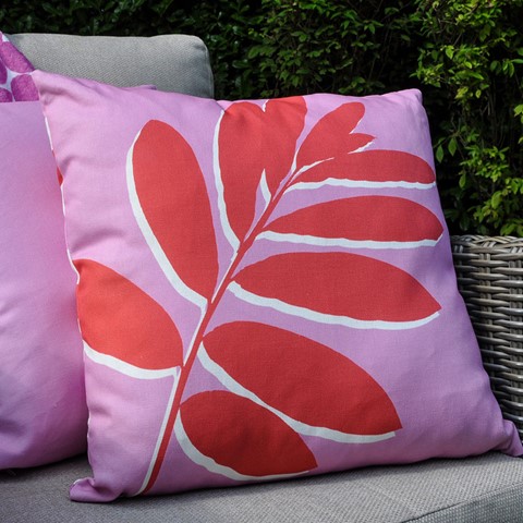 Leaf Print Pink Outdoor Filled Cushion