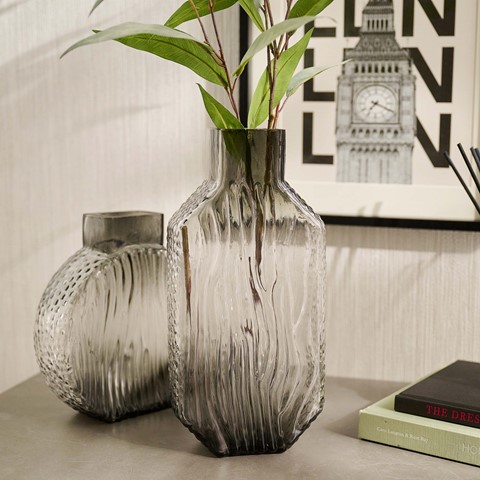 Tall Ribbed Grey Ombre Glass Vase