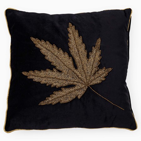 Autumn Leaf Square Black & Gold Embellished Cushion image