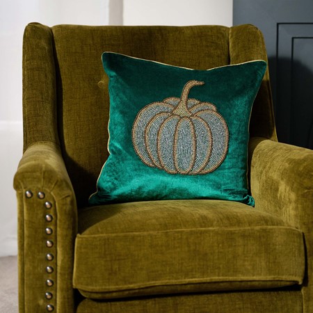 Large Embellished Green Pumpkin Square Cushion primary image