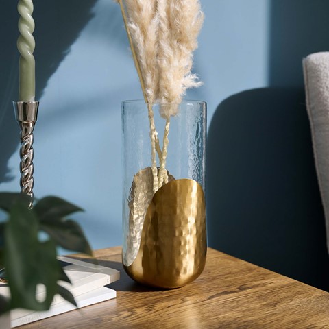 Glass Candle Holder with Gold Hammered Detail