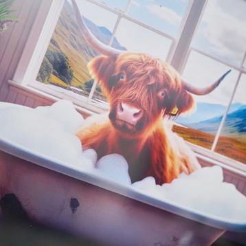 Highland Cow In White Bath Wall Art Image