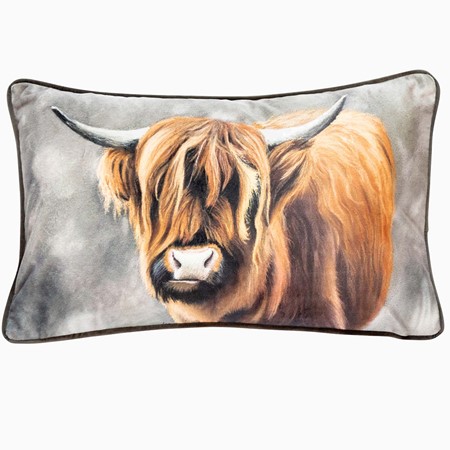 Clyde Highland Cow Velvet Brown Cushion primary image
