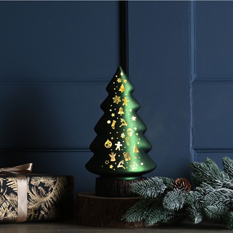 Lit Green Glass Tree
