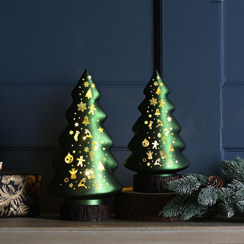 Lit Green Glass Tree