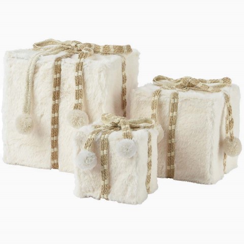 White Pom Pom Giftbox Decoration Set of 3